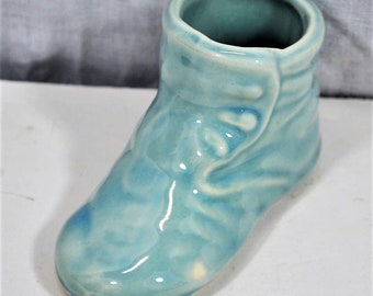 Baby Boy Shoe Planter, Vintage Blue Ceramic, Marked USA