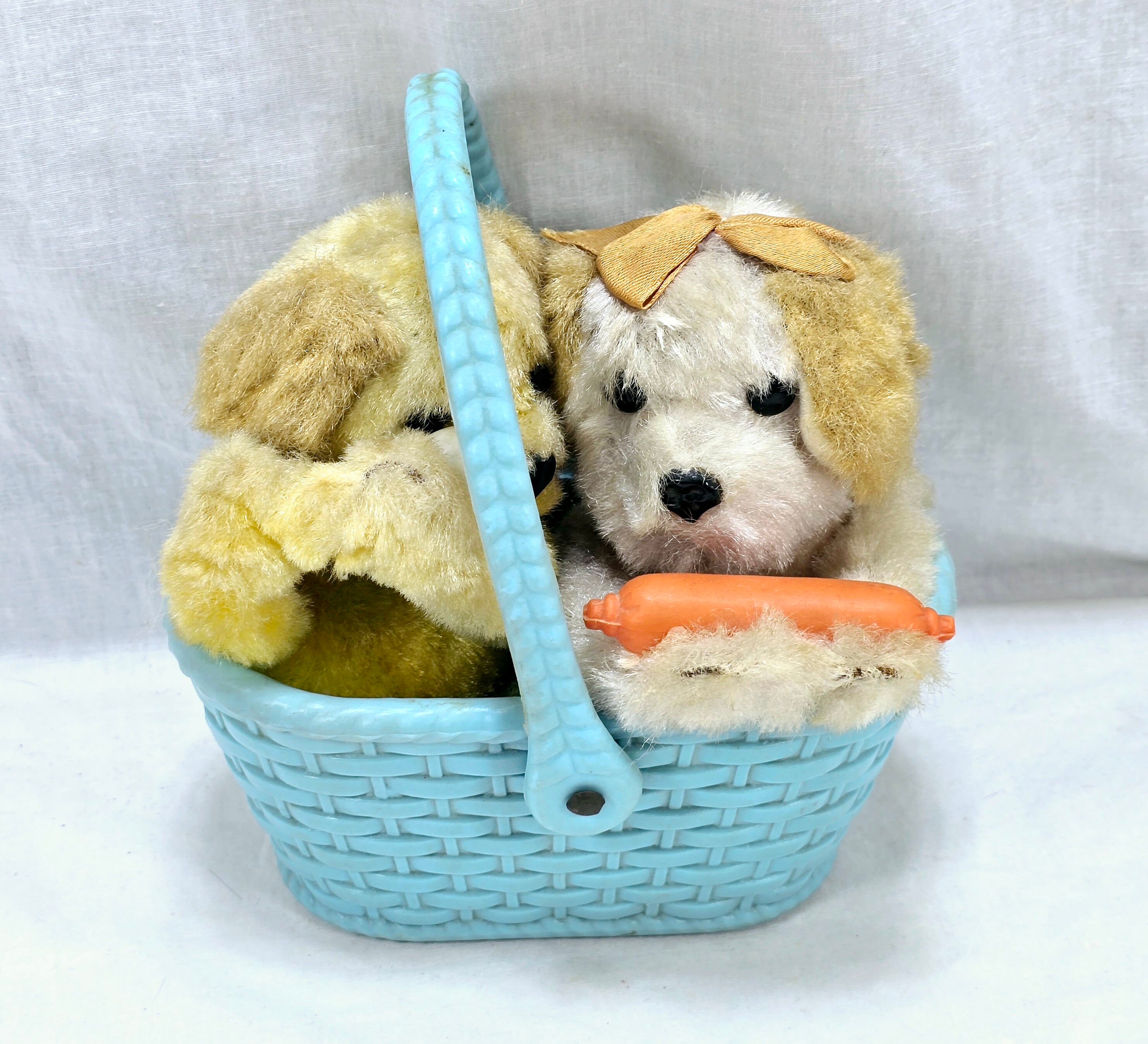 Vintage Japanese Wind up Little Puppy Dogs Eating in Blue Basket