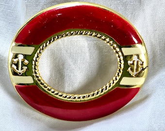 Oval Enamel Anchors Brooch, Red and White on Gold Tone