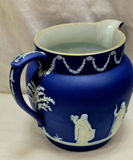 Antique Wedgwood Large Dark Blue Jasperware Pitcher, Made in