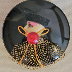 FINAL SALE Art Deco Style Applied 3D Woman , Envelope Hat, Gold Lace and Ribbon on Hinged Round Plastic Box