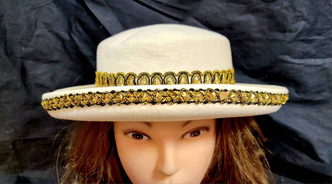 White Wool Fedora Hat With Gold Sequin Band and Trim, Costume Hat
