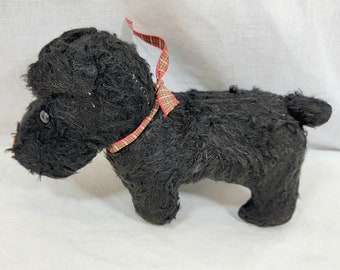 Vintage Barking Stuffed Scottie Dog. Black Fur with Red Plaid Bow