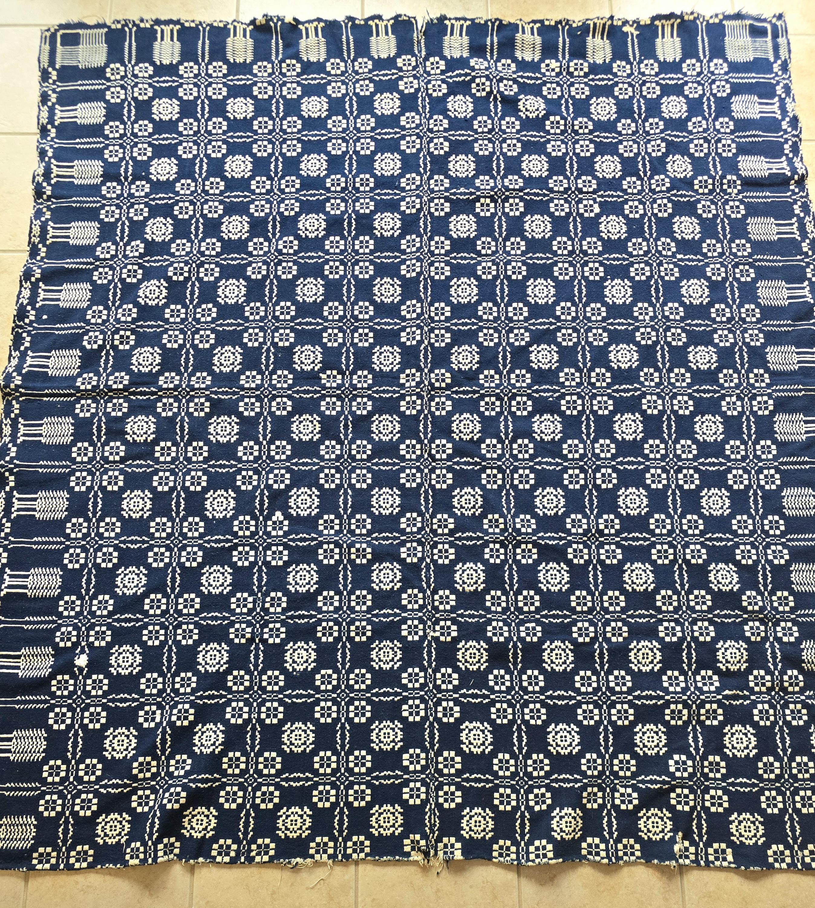 Antique 1800s Jacquard Woven Coverlet, Blue and White Reversible, 72" x 88", Signed with Initials