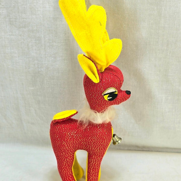 Vintage kerstrendier pluche jaren 1950 Japan kitsch vakantiedecor rood met goudgespikkeld, bontkraag