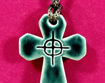 Teal Green Ceramic Celtic Cross Pendant Necklace