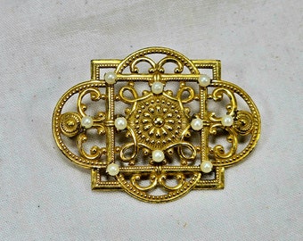 Vintage MIRIAM HASKELL Victorian Style Golden Filigree Brooch, As Found