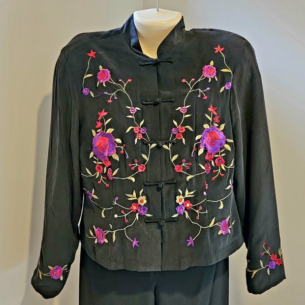 Vintage Clio Black Silk Floral Embroidered Frog Toggle Jacket Pants  Set Size 8 Pantsuit NEW WITH TAGS
