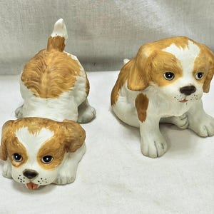 Puppy DOG FIGURINES: Pair Homco #1407 Vintage Ceramic Playful  Puppies, Cocker Spaniel Puppies, Tan and White