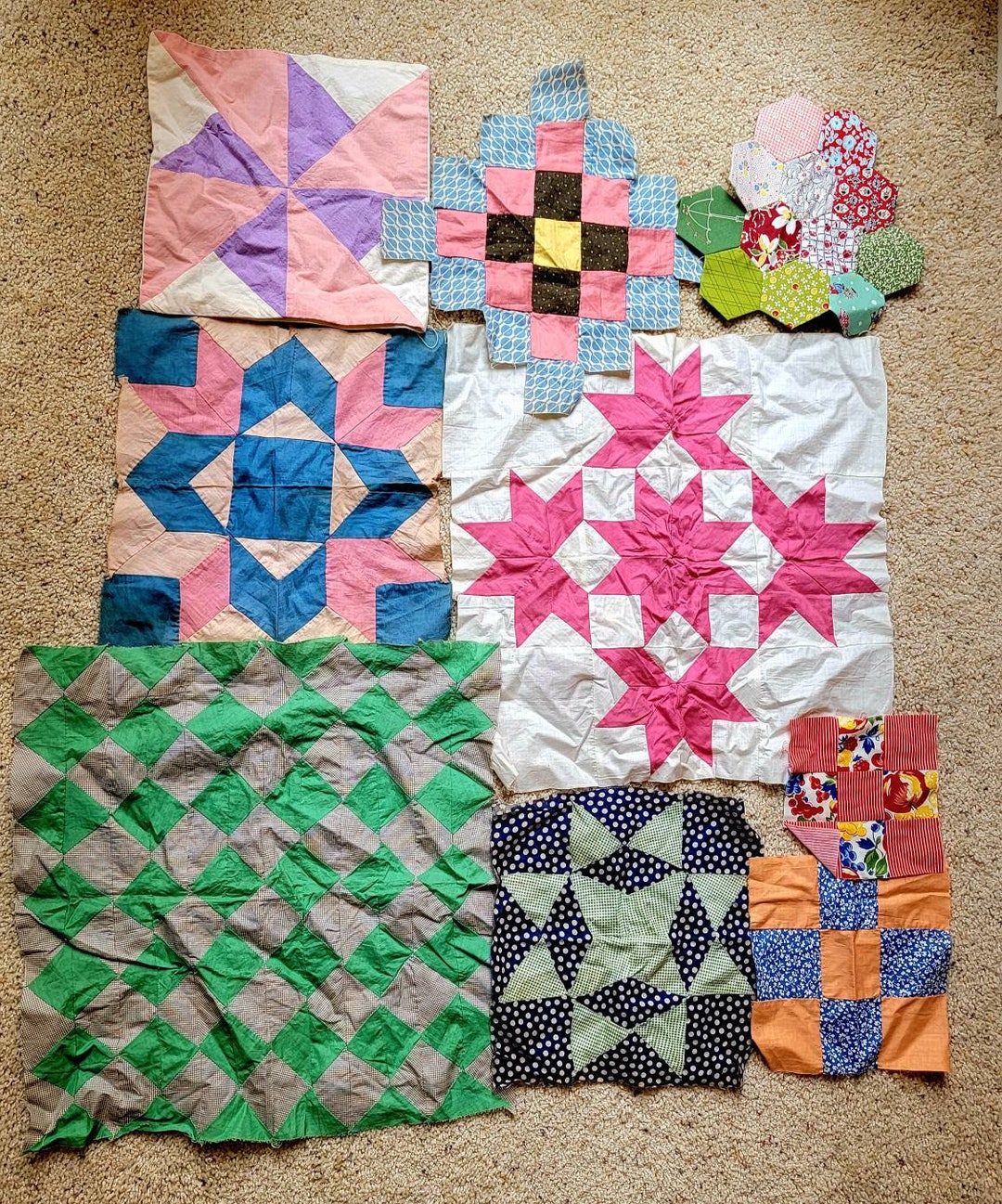 Vintage Quilt Squares Different Patterns Lot of 9 Etsy
