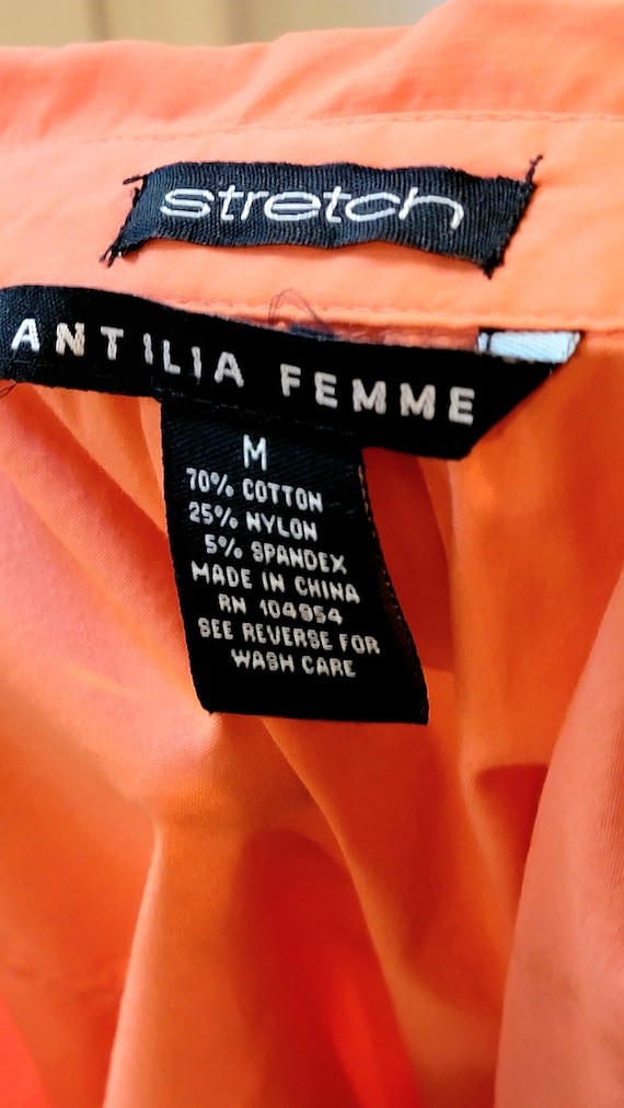 Antilia Femme Orange Stretch Blouse 3 4 Sleeve Button Up Shirred