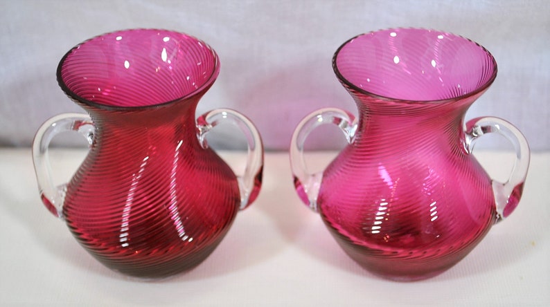 Pair of Swirl Cranberry Threaded Vases Made in Germany Clear Applied Double Handles