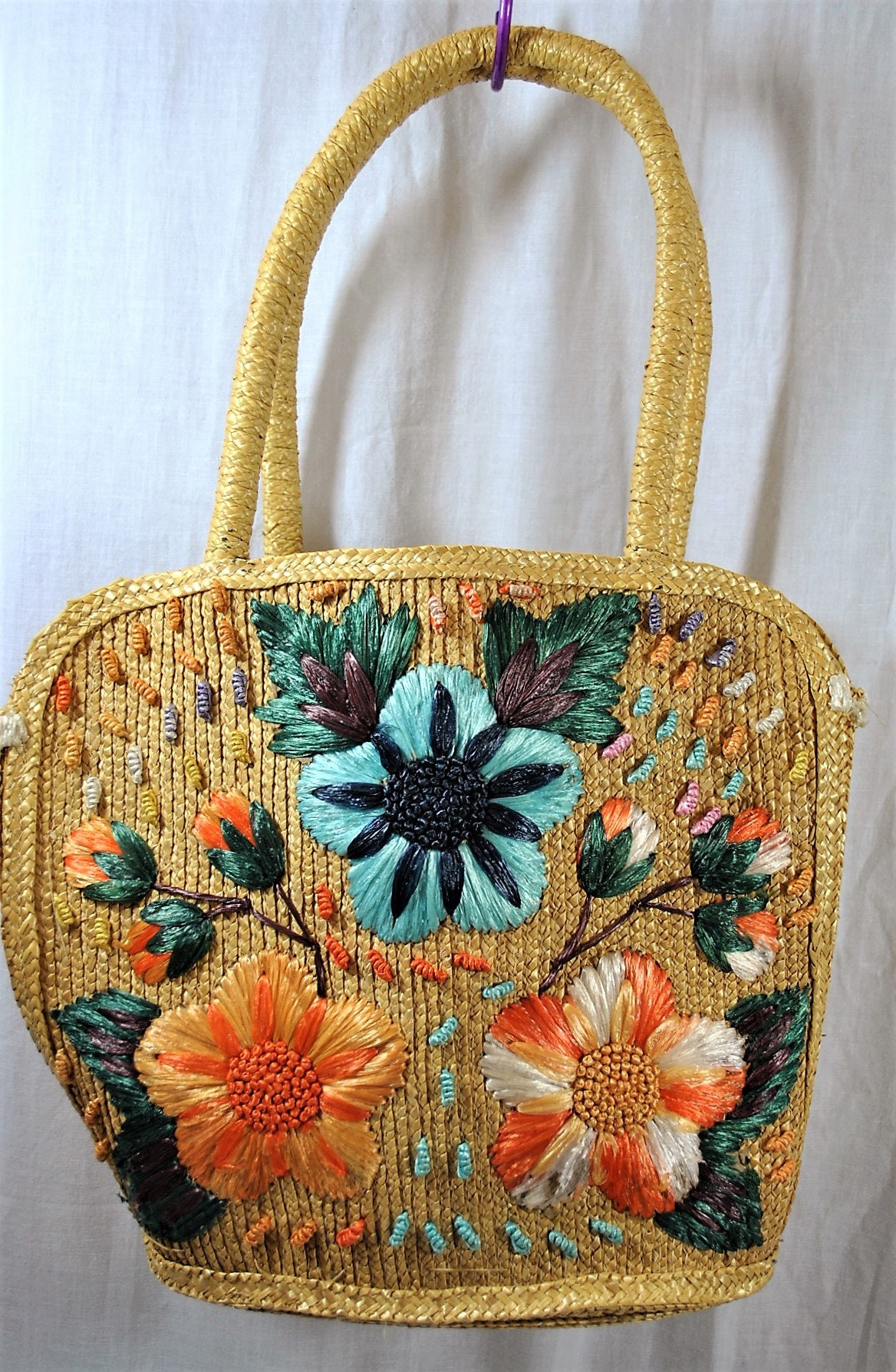 Hand Woven Vintage Embroidered Straw Purse Tote Bag Floral