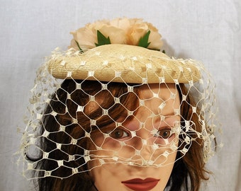 Vintage Adolfo II Straw Hat, Beige with LARGE Poppy Flower and Birdcage Veil