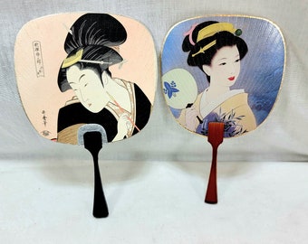 Pair of Japanese Geisha Uchiwa Paddle-Style Paper Hand Fans, Miniature Original Vintage