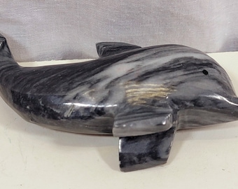 Vintage Carved Black Marble Dolphin Statue, Porpoise Figurine