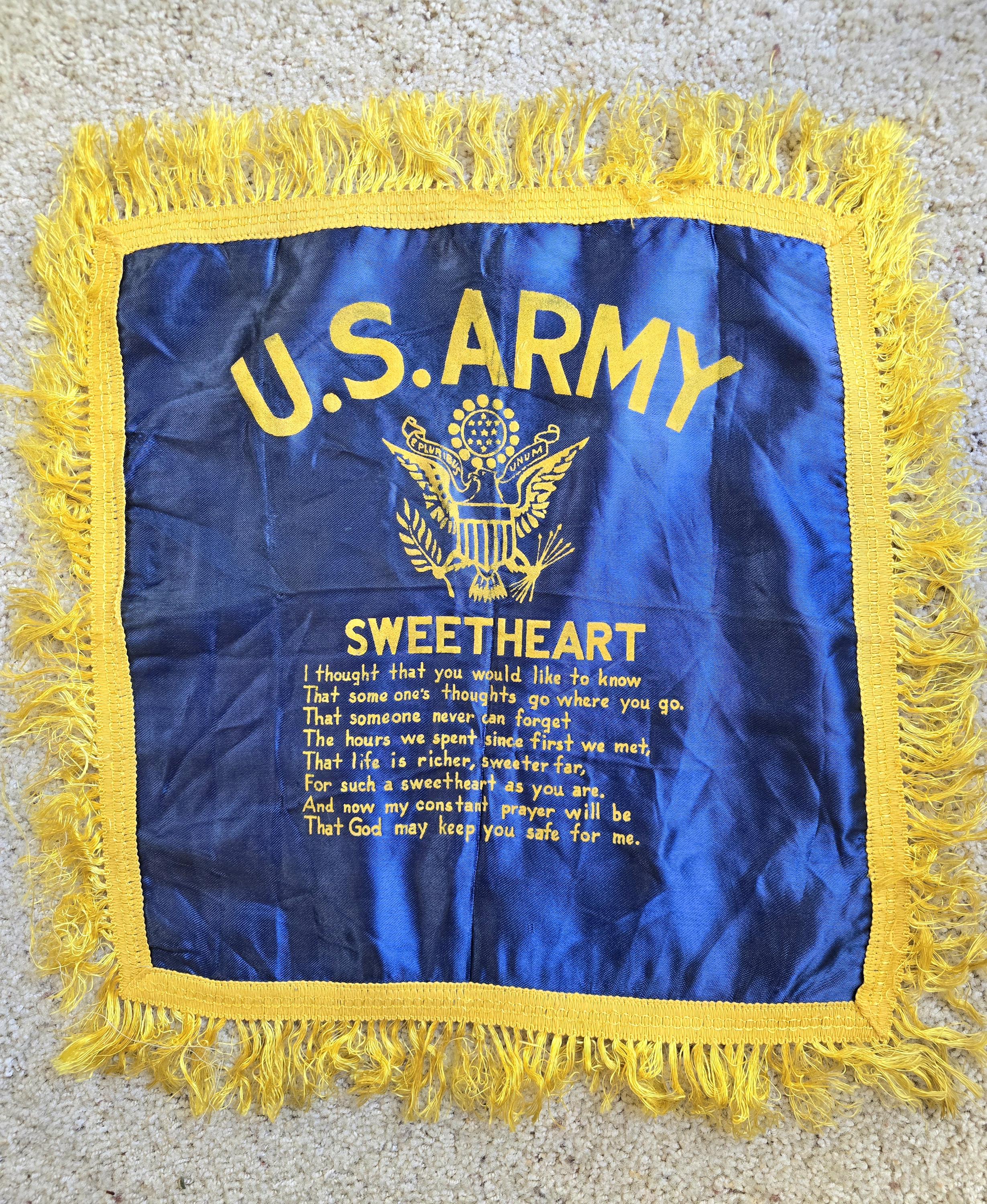 WWII US Army Sweetheart Souvenir Pillow Cover Flocked Satin, Blue