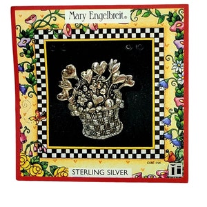 Mary Engelbreit Signiert ME 925 Sterling Silber Herz Blumen Korb Brosche Anstecknadel Neu Auf Original Karte