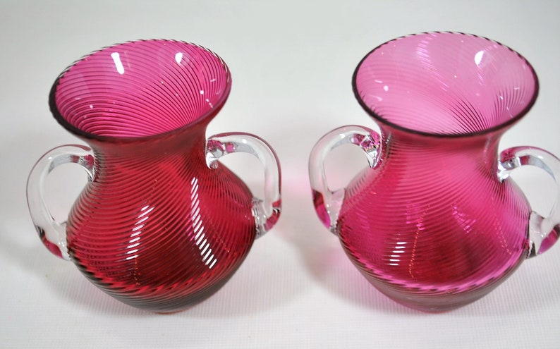Pair of Swirl Cranberry Threaded Vases Made in Germany Clear Applied Double Handles