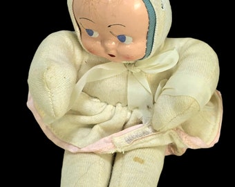 Vintage Little Plush Doll, Celluloid Face