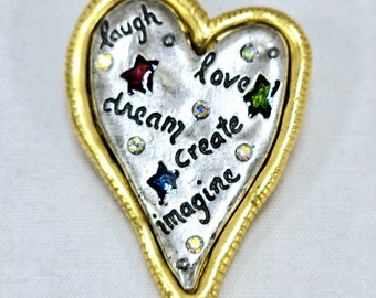 Chico's HEART Rhinestones Enamel Stars Silver & Gold Tone Pin