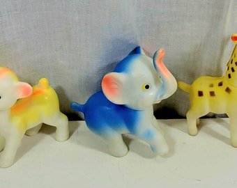 FINAL SALE Vintage Lot of 3 Squeaky Animal Baby Toys Elephant Giraffe & Lamb ~ Taiwan