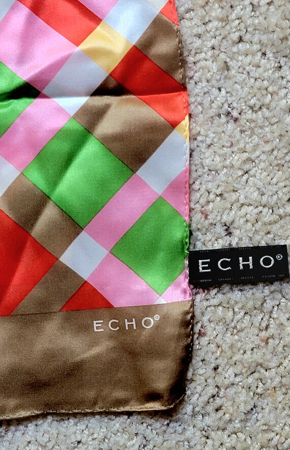 Echo Silk Scarf, Geometric Long Bright Pink Green… - image 2