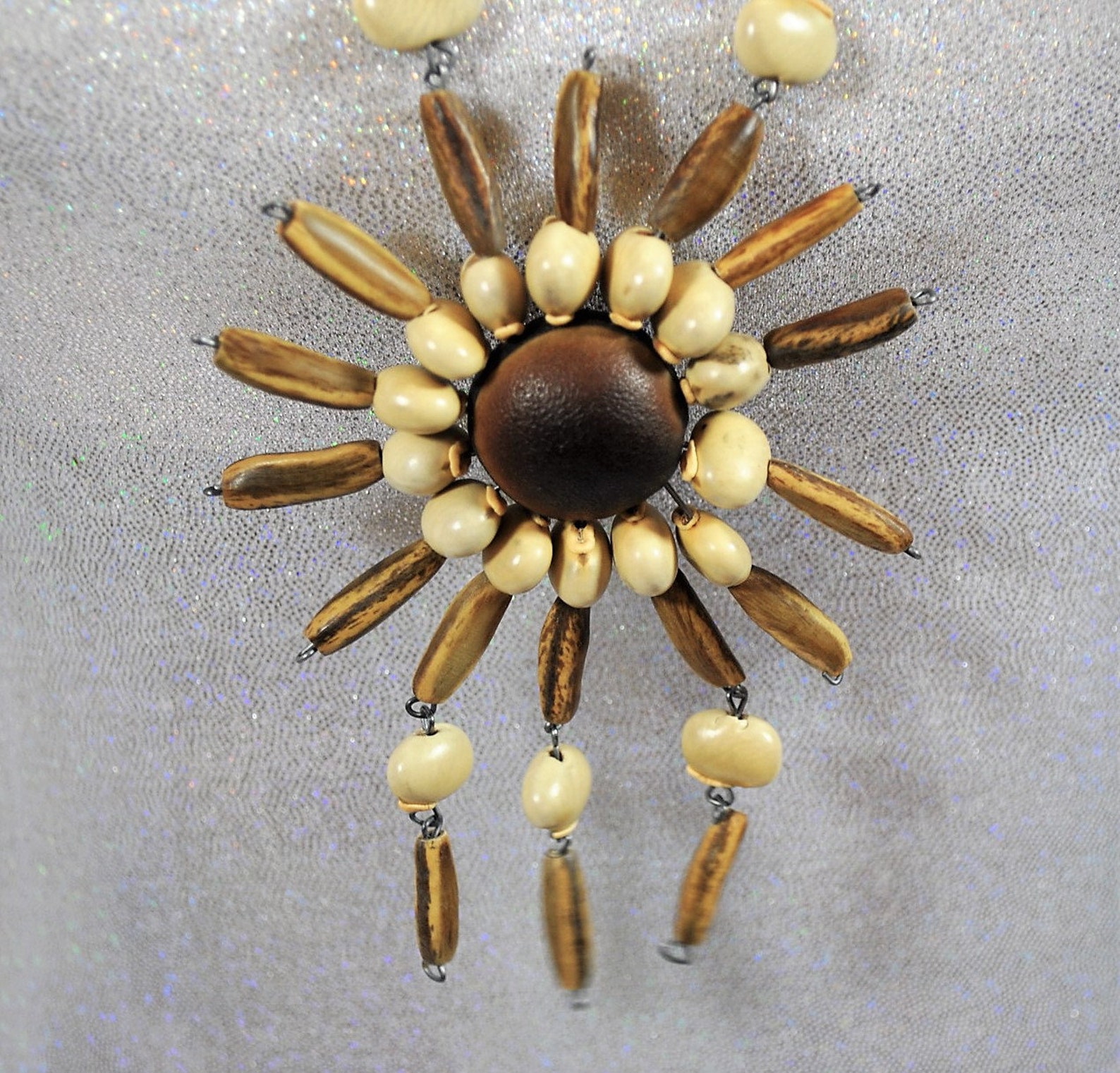 Seed Pod Necklace Beaded With Sunburst Pendant Vintage Chain Etsy