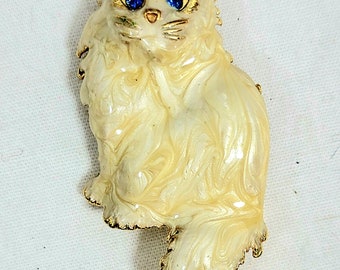 Vintage Cat Brooch Cream Colored Enamel Cat Brooch, Blue Rhinestone Eyes