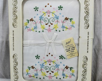 Vintage Pair of Hand Embroidered Pillow Cases Made by Linbro,  Cotton Made in Hong Kong, In Original Box