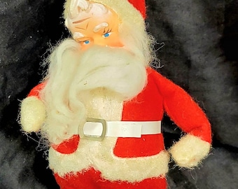 Santa Figure Cotton Beard, Red and White Felt and Fuzzy Outfit, Rubber Vinyl Face, Vintage Christmas Decor
