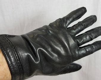 Vintage Black Leather Gloves lined in Brown Rabbit Fur - Women's Small Size
