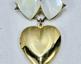 Vintage Double Heart with Arrow Shaped Mother Of Pearl Brooch with Hanging Heart Locket