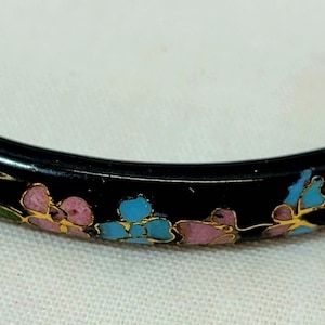 Emaille Cloisonne Armreif Armband Rund Schwarz mit Blumen, Gold Akzente,