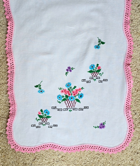 pink dresser scarf Vintage Dresser Scarf, Pink and Blue Flower Peddler