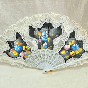 Flowered Hand Fan, Plastic Fabric and Lace, Hand Painted