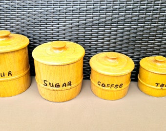 4 Graduated Wood Canister Set with Wood Burned Titles, Nesting Flour Sugar Coffee Tea Containers Handmade Vintage Kitchen Decor