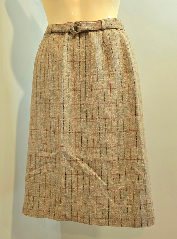 Vintage 70s Plaid Skirt: Beige Tweed Look With Belt New Zealand