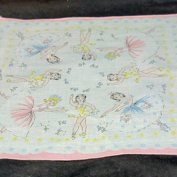 Girl's Vintage Handkerchief with Ballerinas,  Pink Hanky