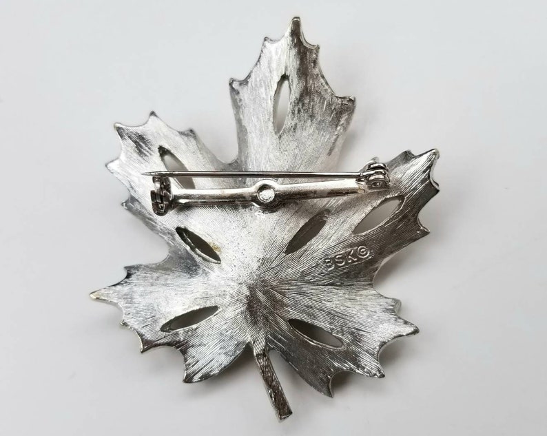 BSK Leaf Brooch Vintage Silvertone Openwork Pin