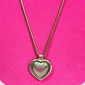 Silver Tone Heart Pendant, Green Translucent Glass on Snake Coil Chain Necklace