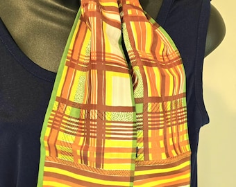 Twill Long Neck Head Scarf, Acetate Hand Printed, Orange Green Yellow Brown Plaid