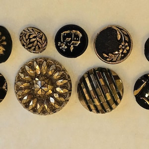 Lot of 10 Vintage Black Jet Glass Buttons - All Different with Heavy Gold Embellishment, Instant Collection