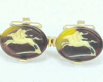 Pegasus Horse with Rider Cameo Cufflinks Incolay Stone signed Hadley