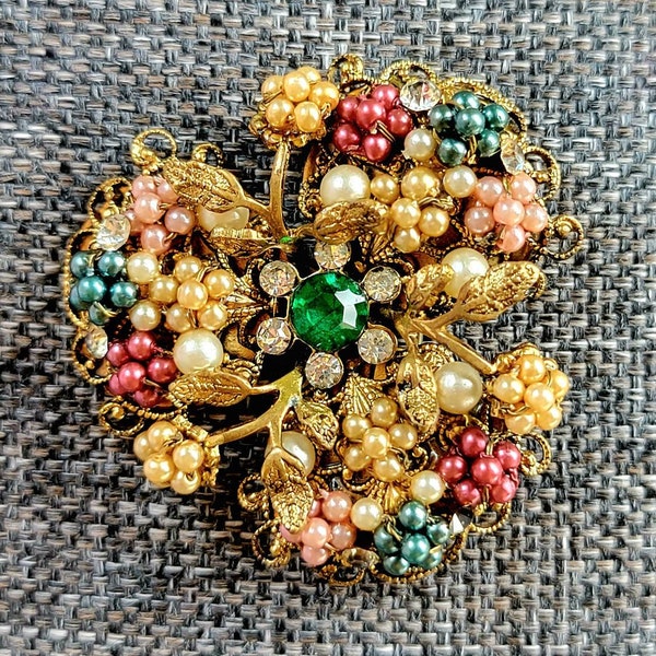 Early Miriam Haskell Brooch, Seed Pearls, Rhinestones, Victorian Gold Leaves, Unsigned