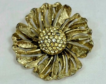 Vintage BSK Flower Brooch, Center Pave Rhinestone Dome with Textured Petals