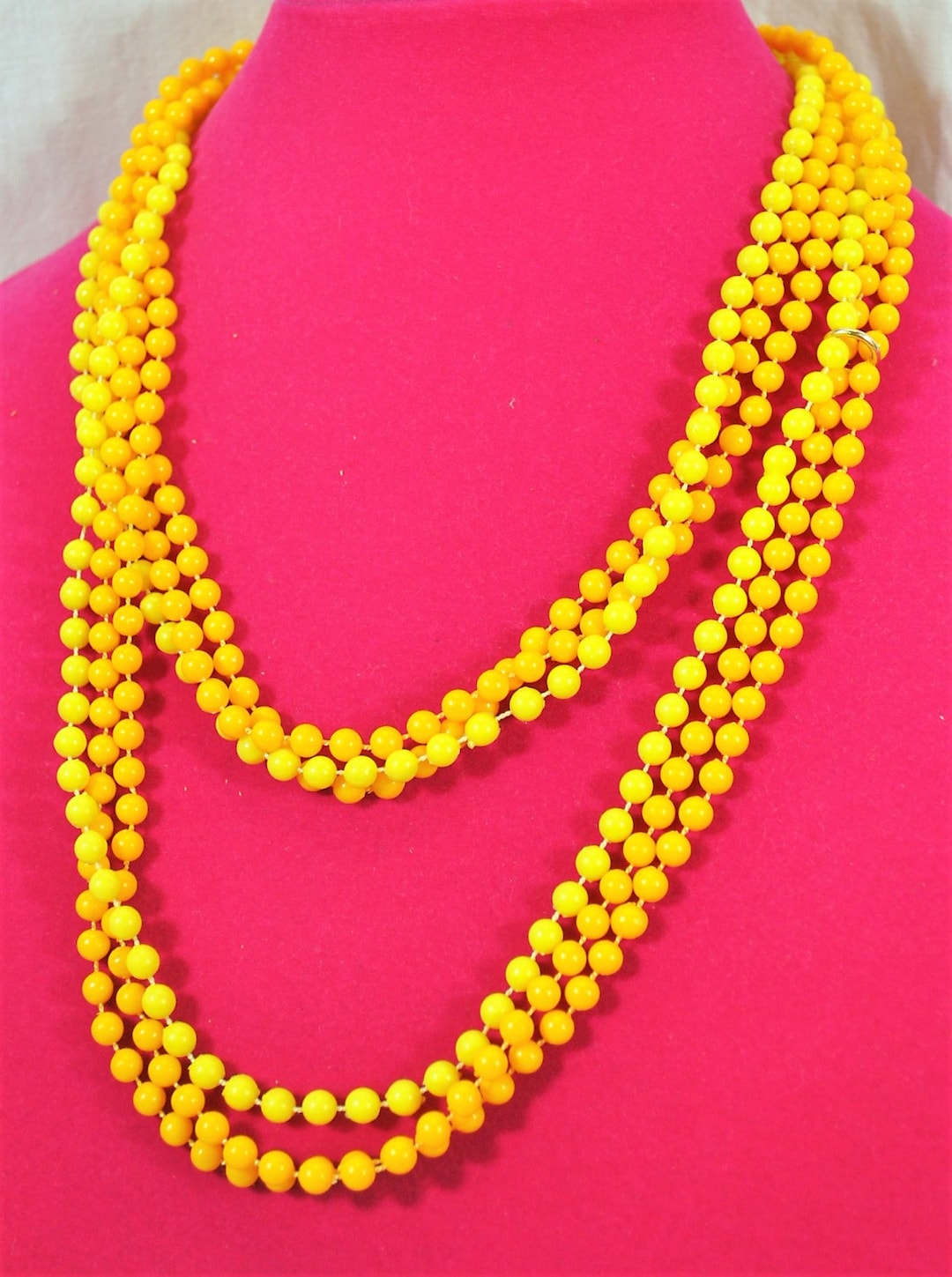 Long Plastic Bead Necklace 3 Strands Yellow and Gold Etsy
