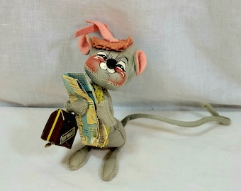 Annalee 6" Bon Voyage Mouse With Luggage and Map 1971 Posable Felt Plush Doll