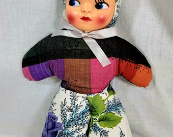 VINTAGE 1940-50's Celluloid PlastIc Face 15" Stuffed Plush Cloth Pixie Doll