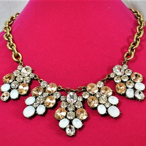 Runway Statement Necklace, Five Dangle Pendants, Gold Clear and Opalescent Faceted Rhinestones